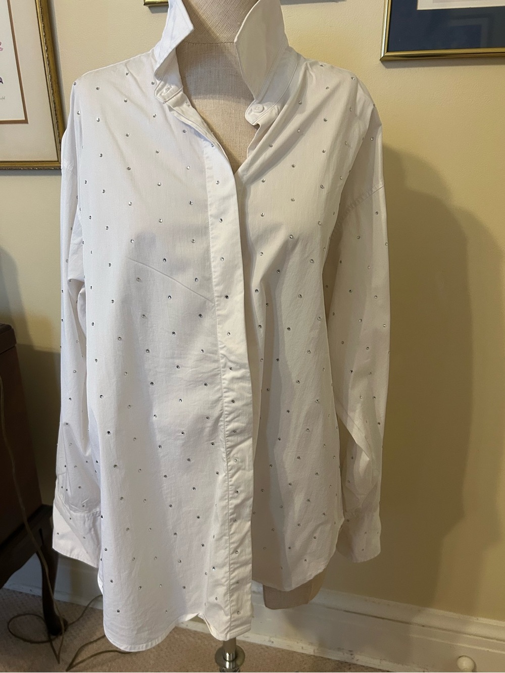 Anthropologie white Oxford Cotton shirt  with silver gems XXL
